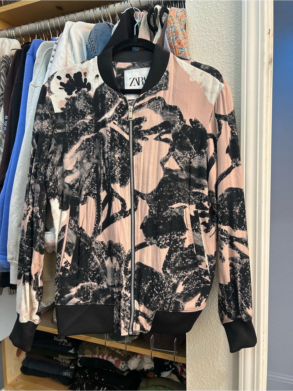 ZARA Blush Pink & Black Floral Bomber Jacket